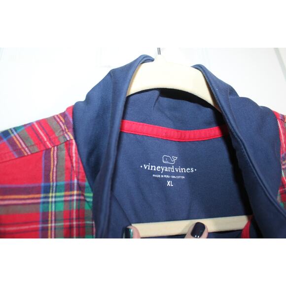 Vineyard Vines Navy w/ Red Tartan Plaid Trim Quarter Zip T-Shirt sz XL - Picture 4 of 4